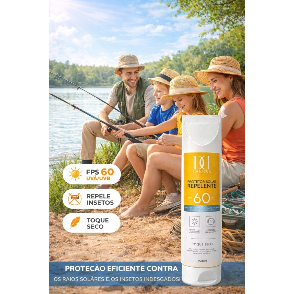 Protetor Solar FPS 60 + Repelente Dandas | Proteção Completa Contra Sol e Mosquitos  Secagem Rápida