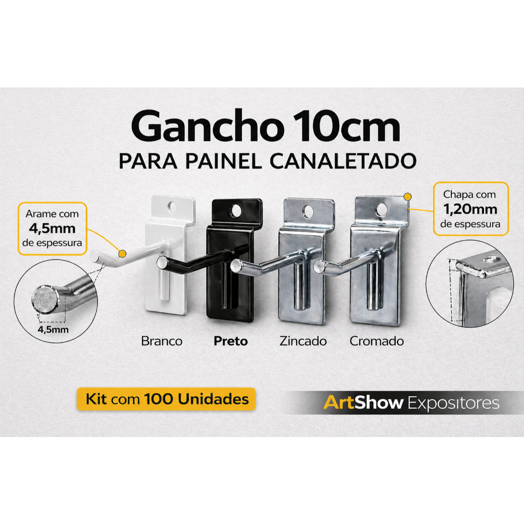 Kit 100 Gancho 10cm Painel Canaletado MDF Reforçado – Loja Expositor Cabide Aramado Branco Preto Cromado Zincado