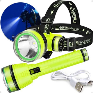 Kit 2 Lanternas de Mergulho Cabeça e Mão Profissionais – LED Recarregável 30m à Prova d’Água - EC6323/EC6325
