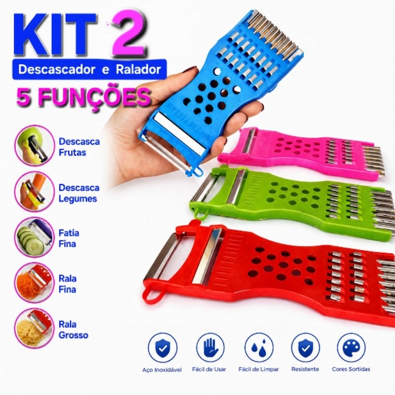 Kit 2 Ralador Descascador Fatiador 5 em 1 Inox para Frutas e Legumes