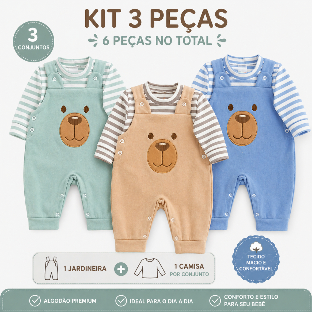 Kit 3 Conjuntos Jardineira Bordada com Camiseta Longa listrada para Bebês Inverno Algodão