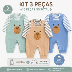 Kit 3 Conjuntos Jardineira Bordada com Camiseta Longa listrada para Bebês Inverno Algodão