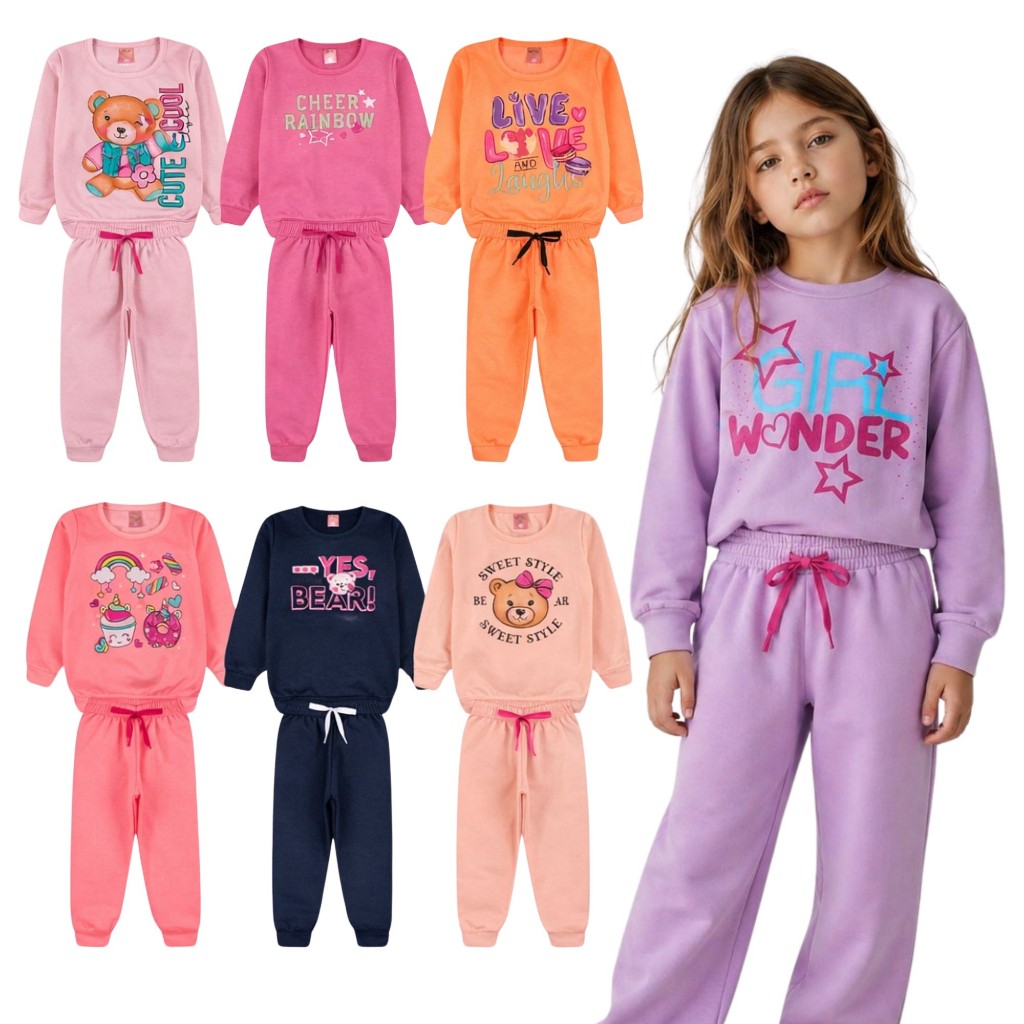 Kit 5 Conjuntos de Moletom Infantil Feminino Peluciado Inverno 1 a 14 Anos Roupa Menina Sortido