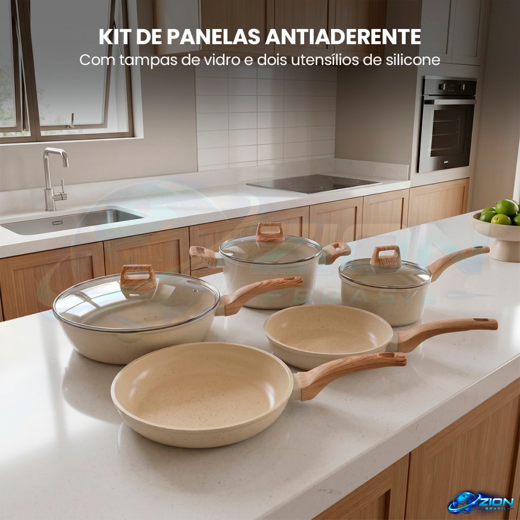 Jogo Panelas Antiaderente Cerâmica 5 Panelas 3 Tampas Vidro Indução 2 Utensílios Cozinha Fogão Preta