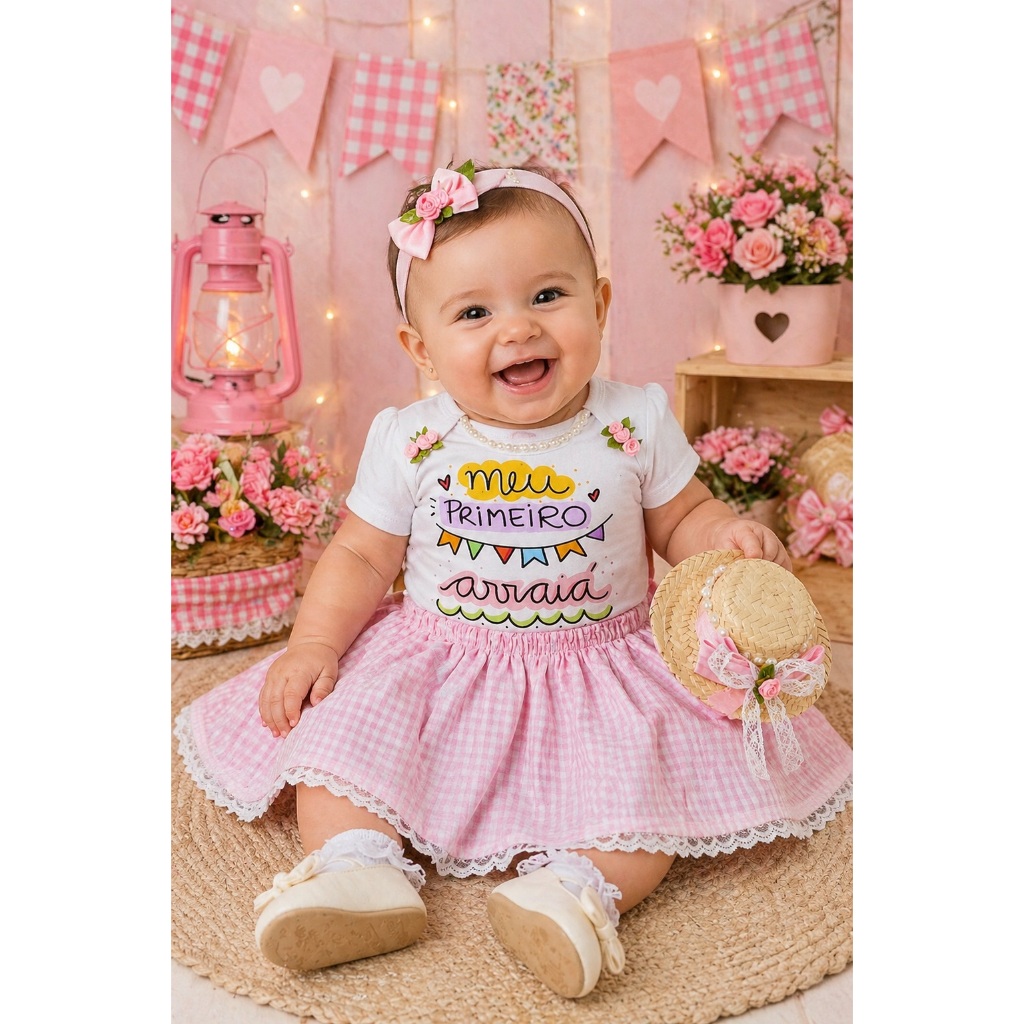 Kit Festa Junina Bebê Menina Meu Primeiro Arraiá Body + Saia + Chapéu Roupa Caipira Infantil