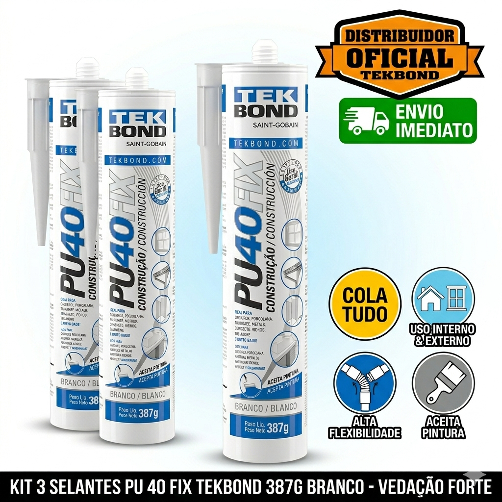 Kit 3 Unidades Cola PU 40 Fix Tekbond 387g Branco - Selante de Alta Performance - Vedação e Fixação Forte