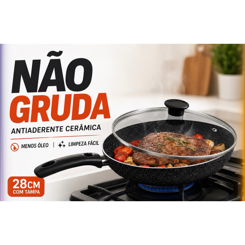 Frigideira Antiaderente Cerâmica 28cm com Tampa | Não Gruda | Resistente | Pronta para Uso
