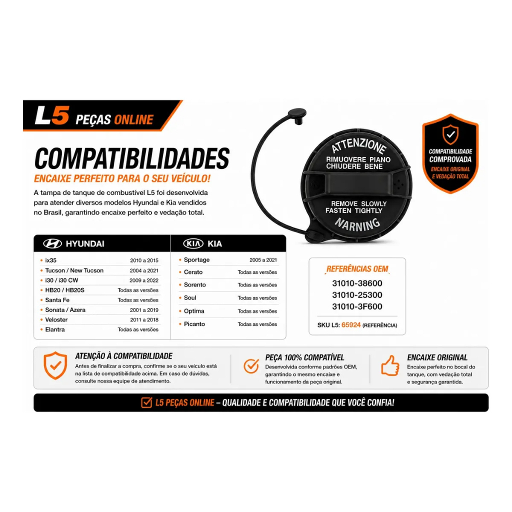 Tampa Tanque Combustível Hyundai i30 HB20 Elantra Tucson ix35 2007 A 2022 Vedação Anti Cheiro Peça