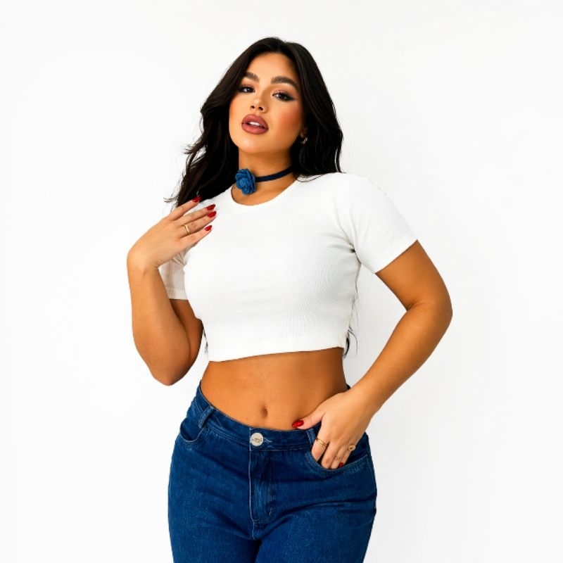 Cropped Canelado Feminino Blusa Manga Curta Básica Camiseta T-Shirt Blusinha Gringa Premium