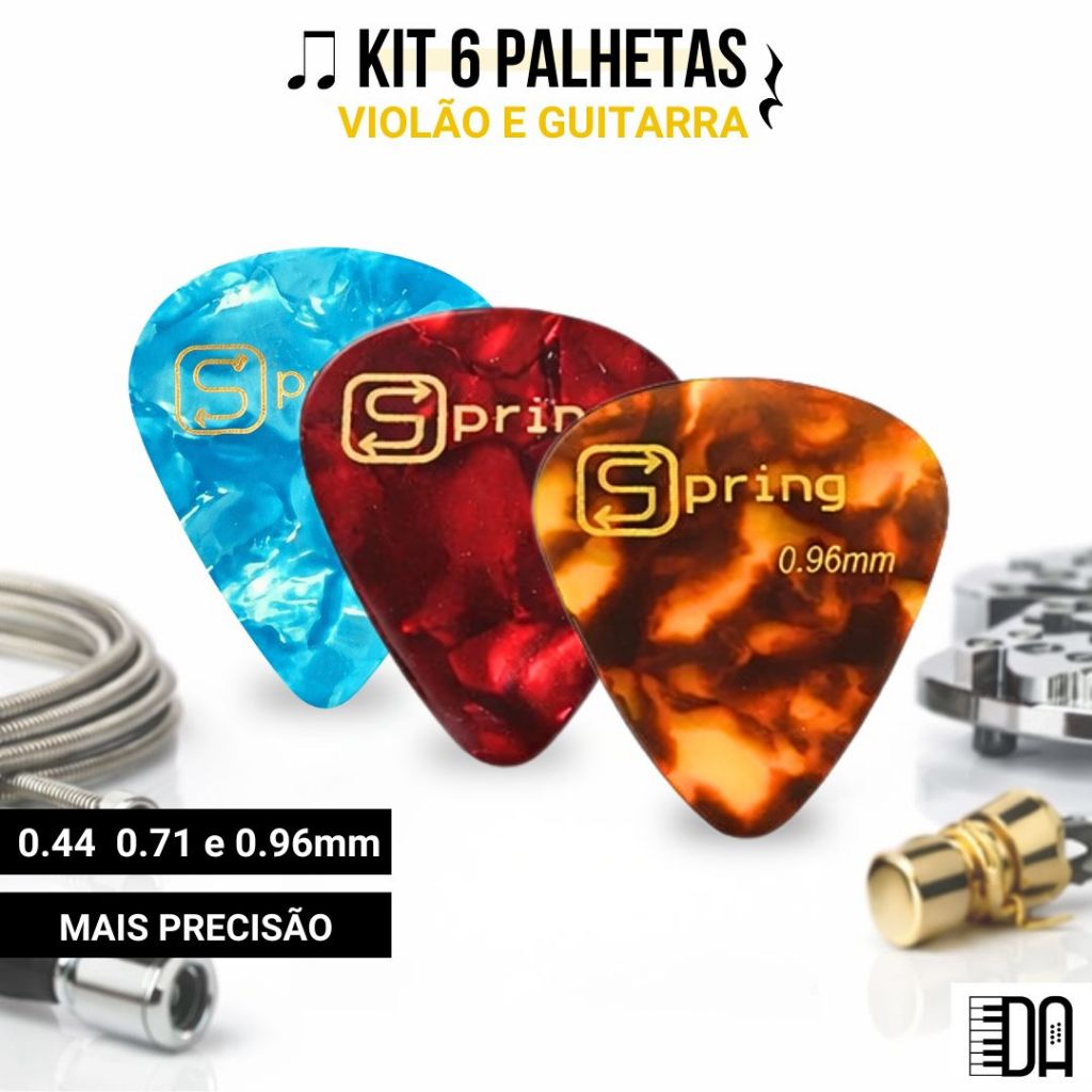 Kit 6 e 12 Palhetas Spring Mesclada 0,44mm 0,71mm e 0,96mm Pegada Firme Som Preciso