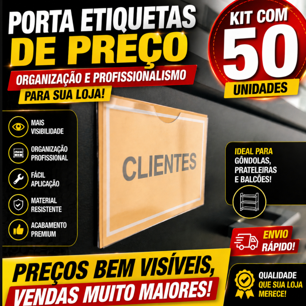 Kit 50 Porta Etiqueta Preço Gondola Prateleira Precificador Loja Mercado Organizador Petg