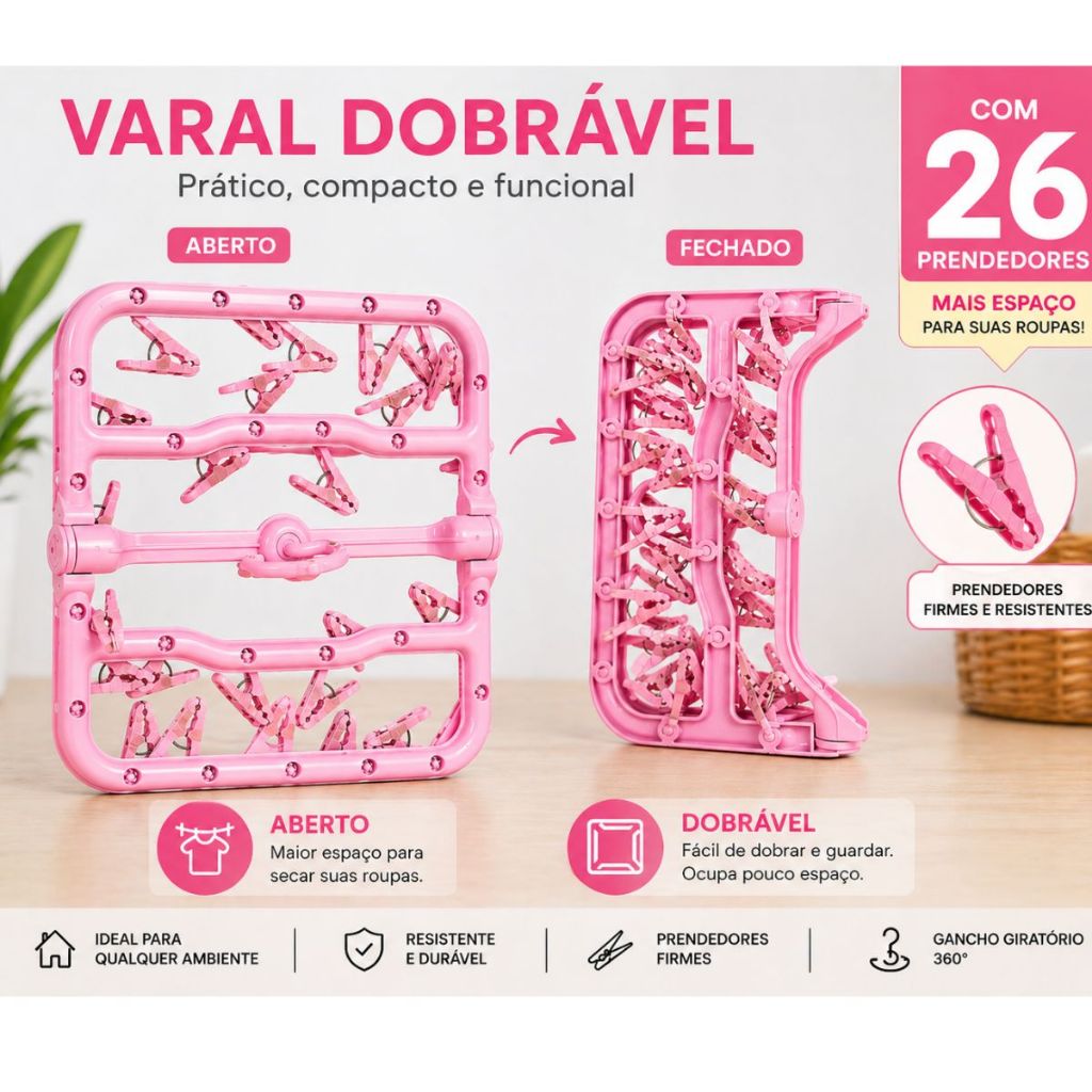Varal Dobrável com 26 Prendedores Rosa Prático Compacto Ideal para Organizar Roupas