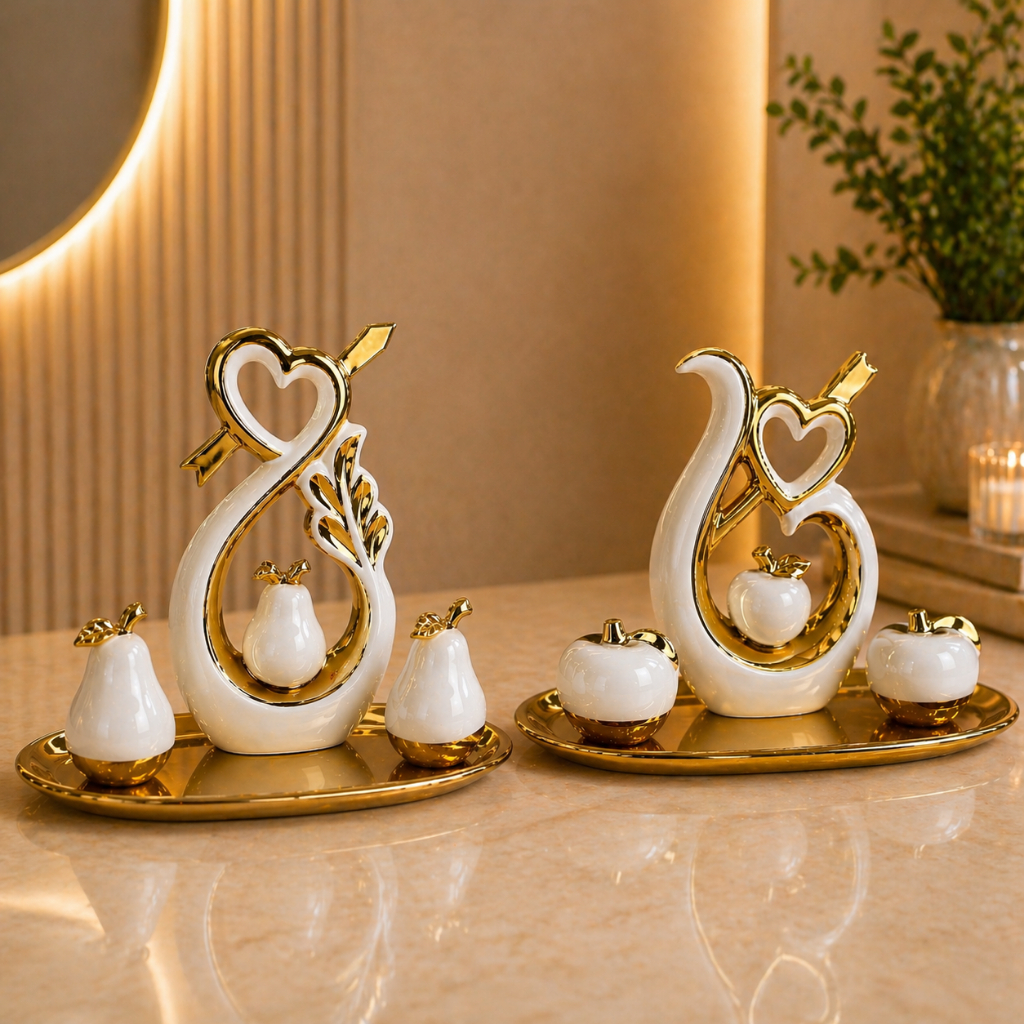 Conjunto de Esculturas Decorativas Corações e Maçãs em Cerâmica Branco com Dourado