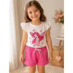 CONJUNTO INFANTIL VERÃO MENINA.BLUSA MANGA DE FRUFRU +BERMUDA MOLETIM COM CADARÇO DE BRILHO