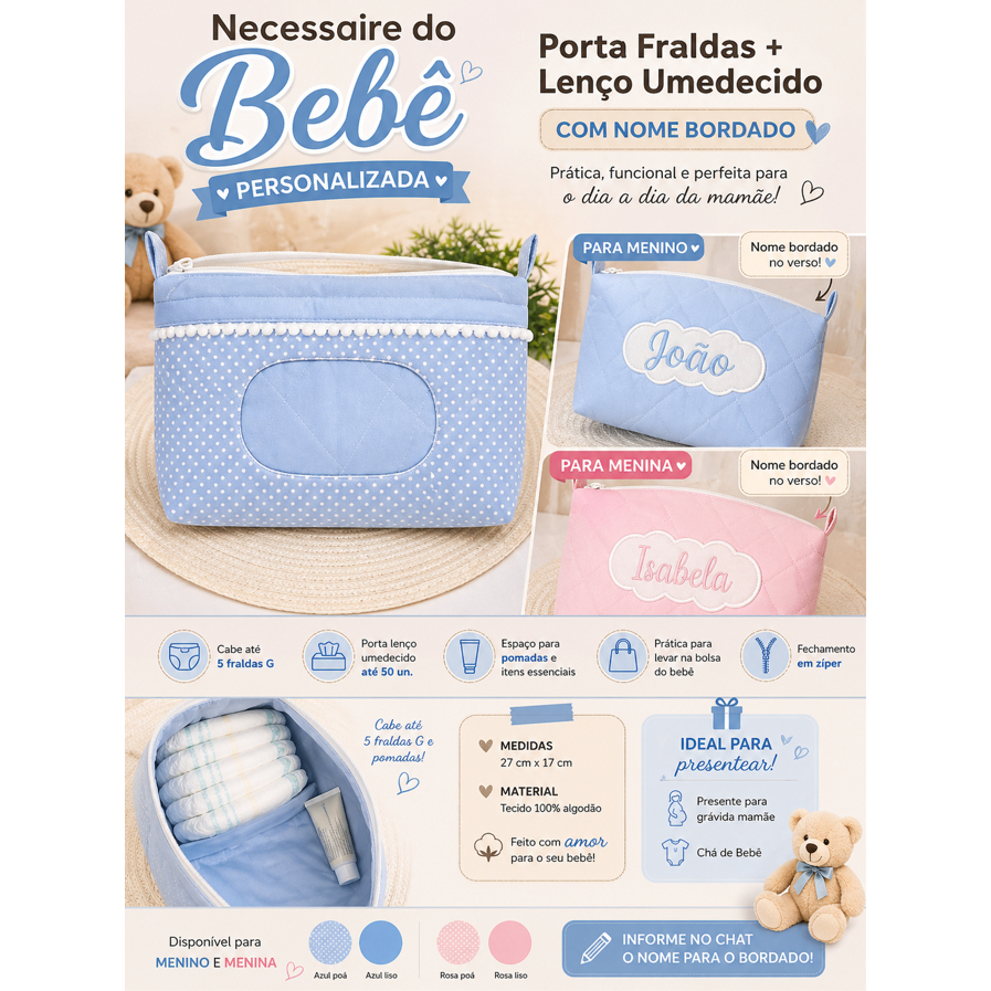 Necessaire Bebê Porta Fraldas e Lenço Personalizada com Nome Bordado | Bolsa Troca Bebê 27x17