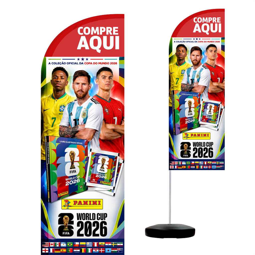Wind Banner Completo 2,10m Aqui Tem Álbum e Figurinhas Copa Do Mundo 2026