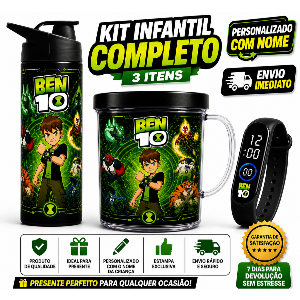 Ben10 Garrafa Copo e Relógio Digital com Nome da Criança Presente Perfeito ENVIO FULL