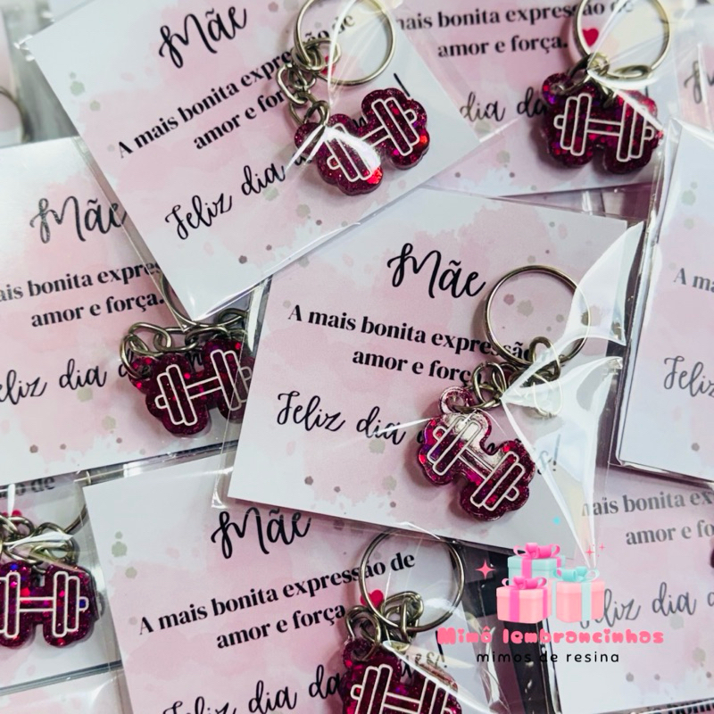 Mini chaveiro peso de academia, halter de resina | Lembrancinha Dia das Mães com card | Kit 10 a 40 unidades