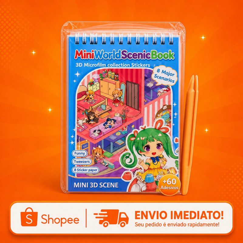Livro Caderno Mini World 3D com Adesivos + Pinça | Criativo Educativo | Presente para Crianças e Adultos | Envio Rápido
