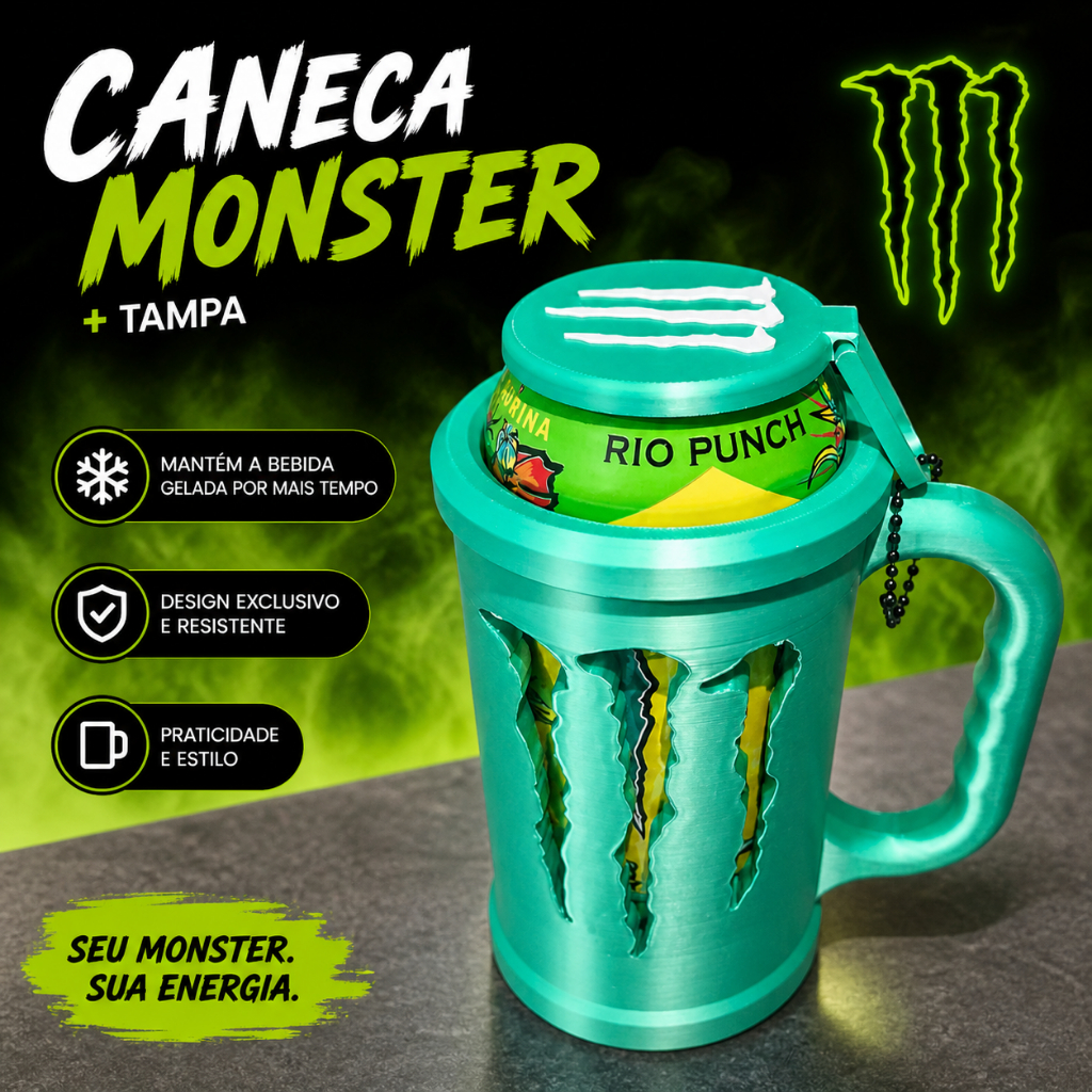 COPO CANECA MONSTER COM TAMPA - suporte Porta Lata Energético 473ml+tampa de proteção + abridor de lata de BRINDE!