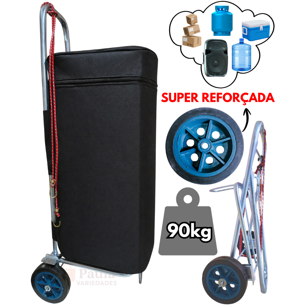 Carrinho De Mão Dobrável 90Kg Bagagem Maleiro Carga Cooler Caixa Térmica Feira Sacoleira Organizador compra C/SACOLA