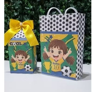 Kit Caixa Milk e Sacolinha P Futebol Brasil Menina - Lembrancinha Personalizada - (Pegue e Monte)