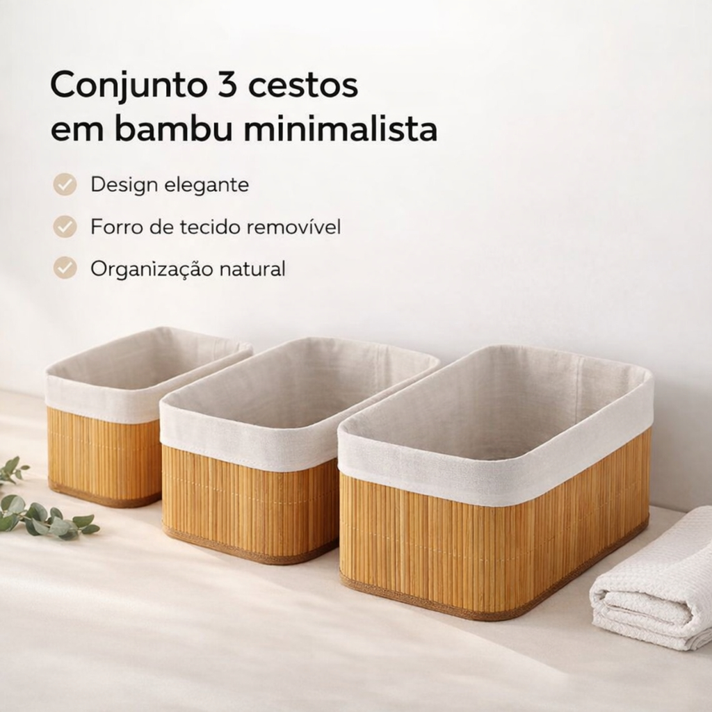 Conjunto 3 Cestos Bambu Natural Organizadores Multiuso Lavanderia Lavabo Decoração Casa Resistente