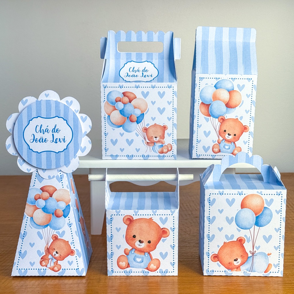 kit caixinha personalizada pegue e monte menino ursinho cha de bebe e revelação