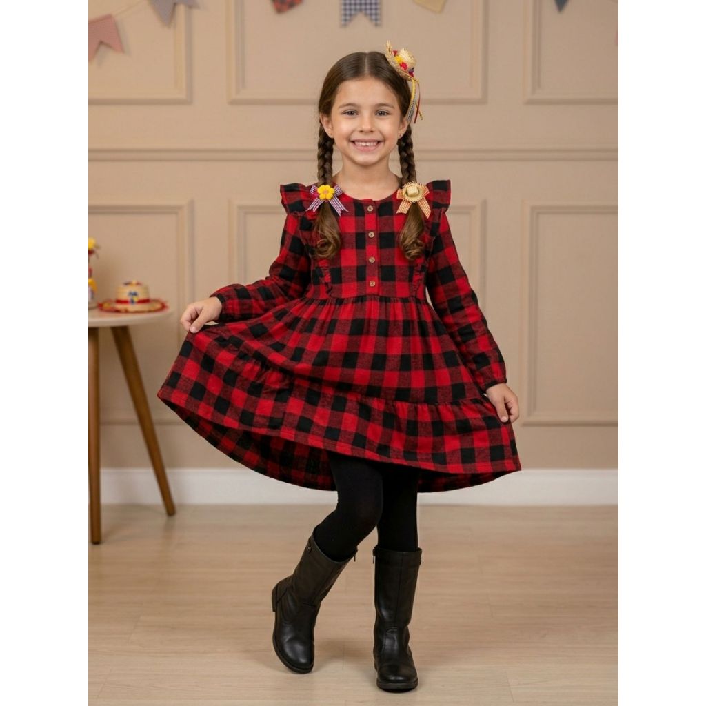 Vestido Infantil Xadrez Vermelho Flanelado Manga Comprida Tamanho 4 ao 10