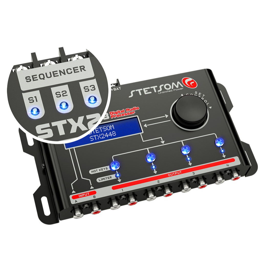 Processador de Áudio Digital STX-2448 - Equalização e Crossover com 3 Saídas Remotas Sequenciáveis