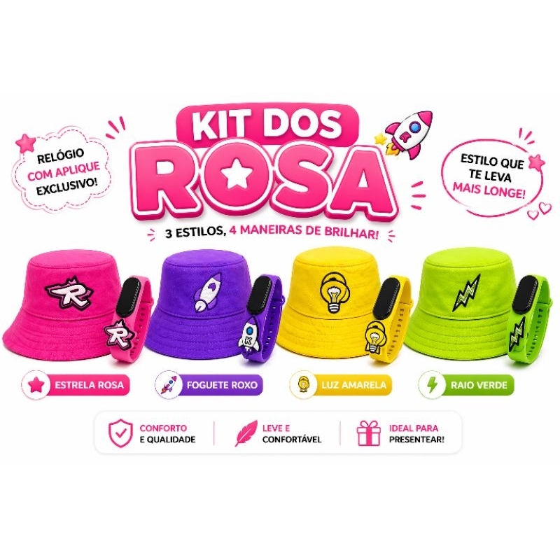 Combo Os Rosa Infantil Chapéu Bucket 50cm + Relógio Esportivo à Prova D'água