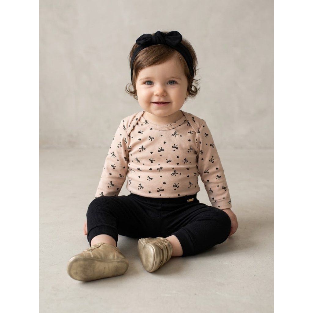 Kit 3 Peças Body Bebê Menina Laços Cotton + Calça + Faixa Cabelo Inverno Confortável Estiloso