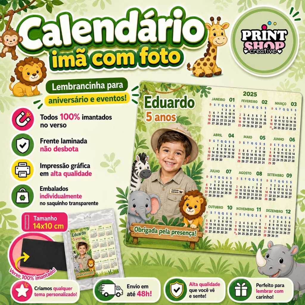 Calendário Imã Personalizado com Foto | Lembrancinha Aniversário Infantil + Nome e Idade calendario 2026