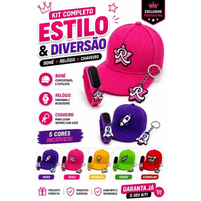 Kit Os Rosa Infantil Fashion Boné + Relógio + Chaveiro LANÇAMENTO