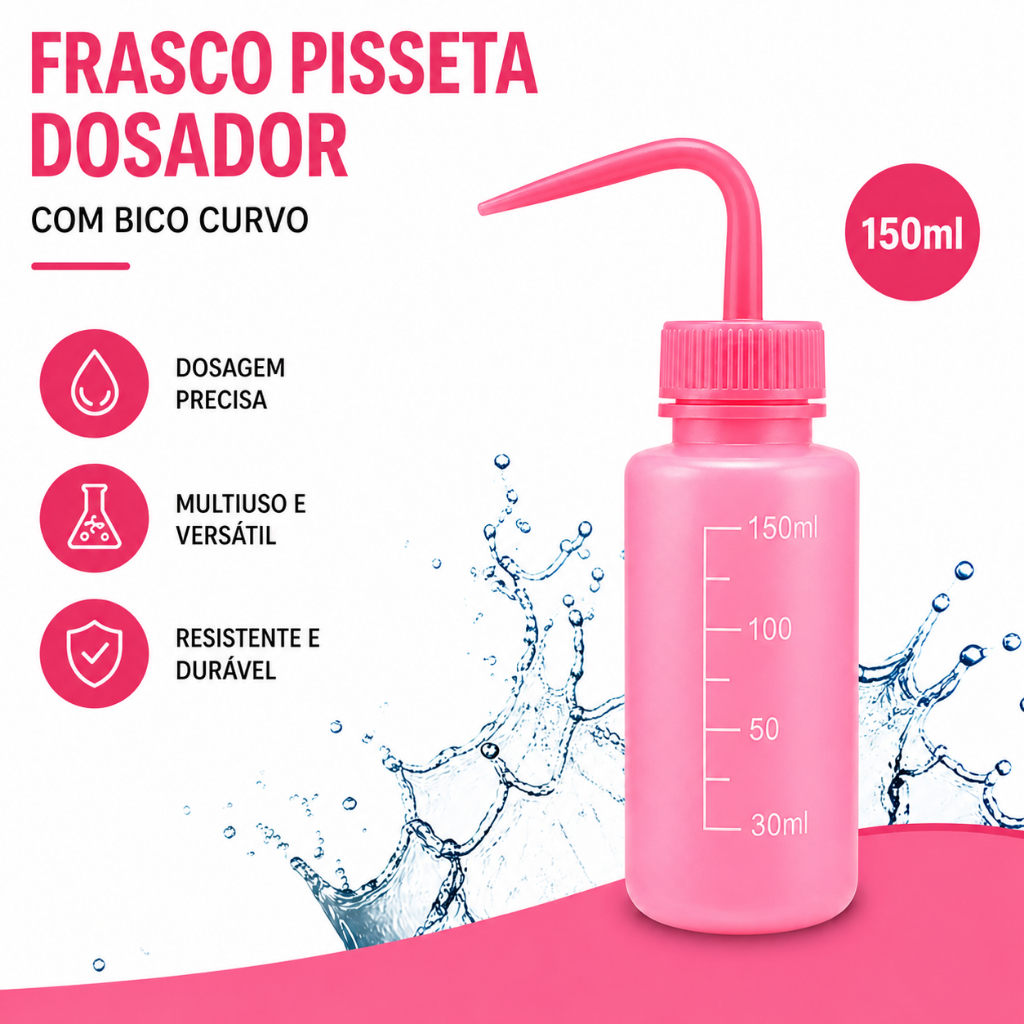 Frasco Pisseta Aplicador 150ml Bico Curvo Dosador Preciso Resistente e Reutilizável Plástico