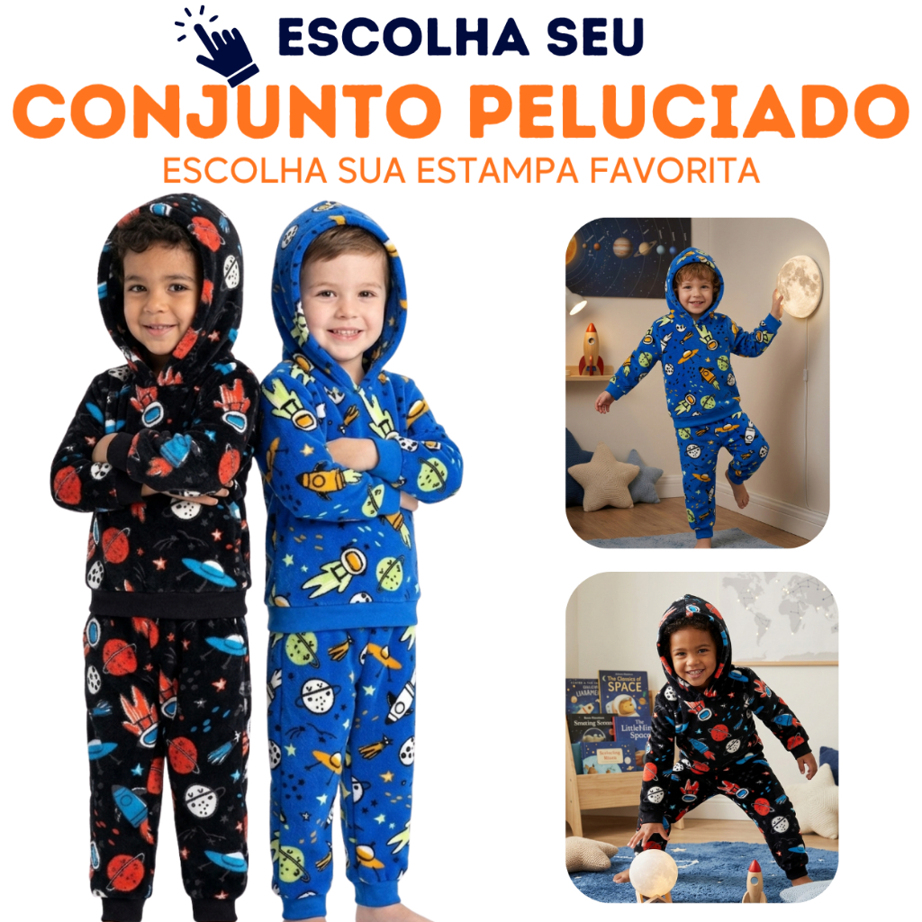 Conjunto Infantil Peluciado Inverno Menino Quentinho Macio Com Capuz – Pijama Fleece Ultrasoft Tamanho 1 ao 3