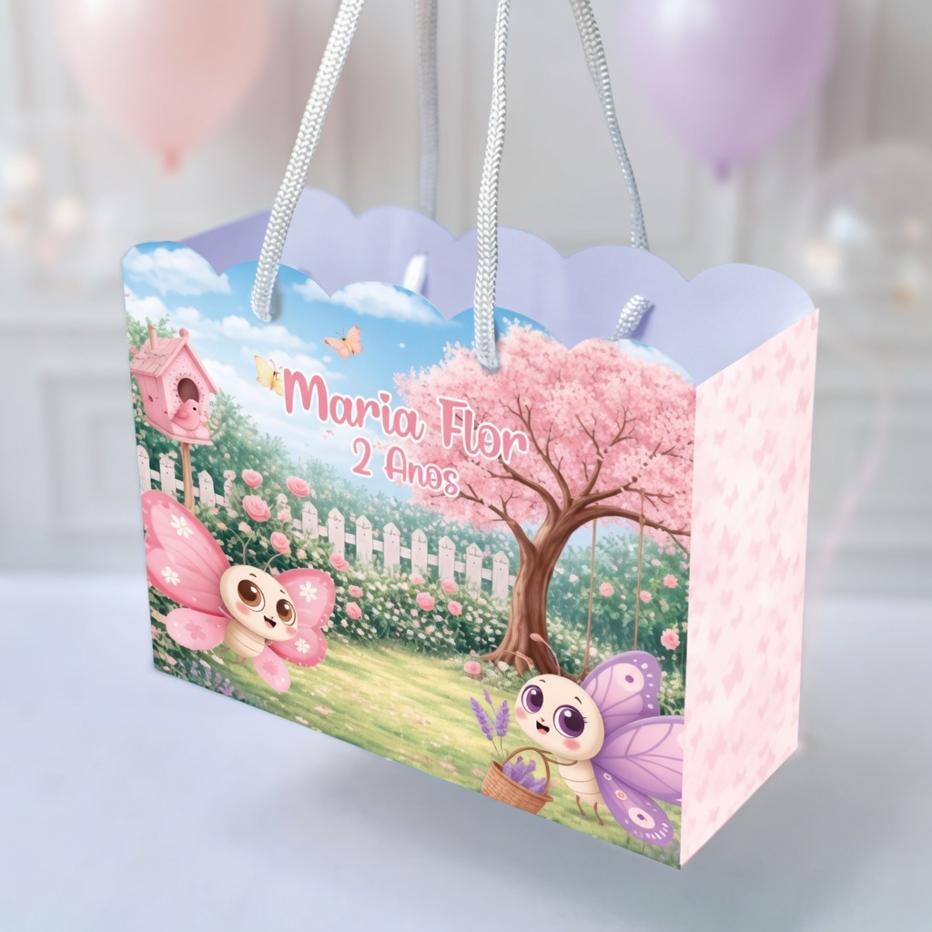 Sacola Personalizada Jardim das Borboletas | Sacolinha Personalizada | Kit com Alça e Pegue e Monte | Lembrancinha Festa