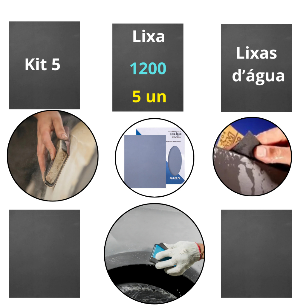 Kit 5 lixas 1200 d'agua Grão Folha Polimento Lixamento Acabamento Superfície Plástico Metal Jogo Gr