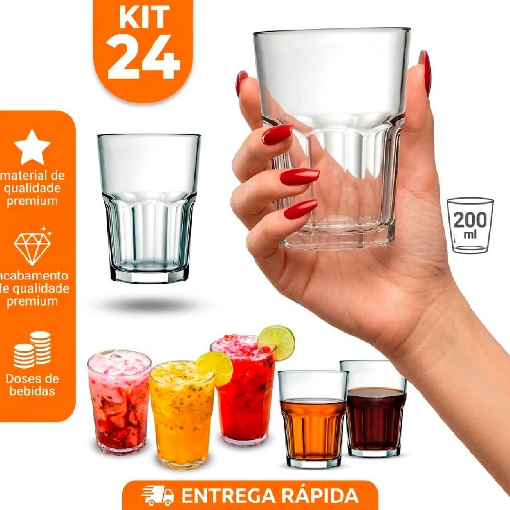Kit Jogo 24 Copos Reforçado Bristol Nadir Vidro Drink Bebidas Wiskey Degustação 200ml Buffet Bar