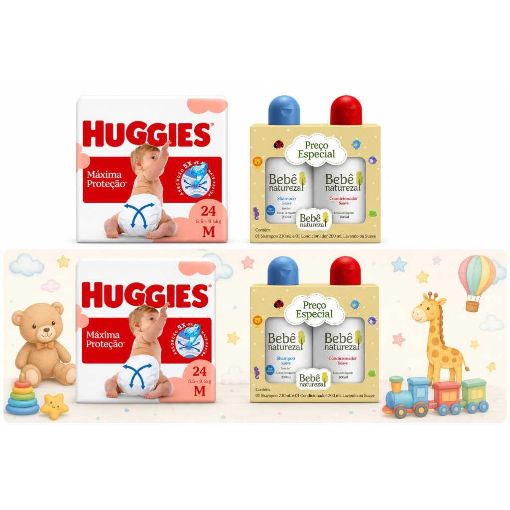 kit chá de bebe fralda huggies + shampoo + condicionador