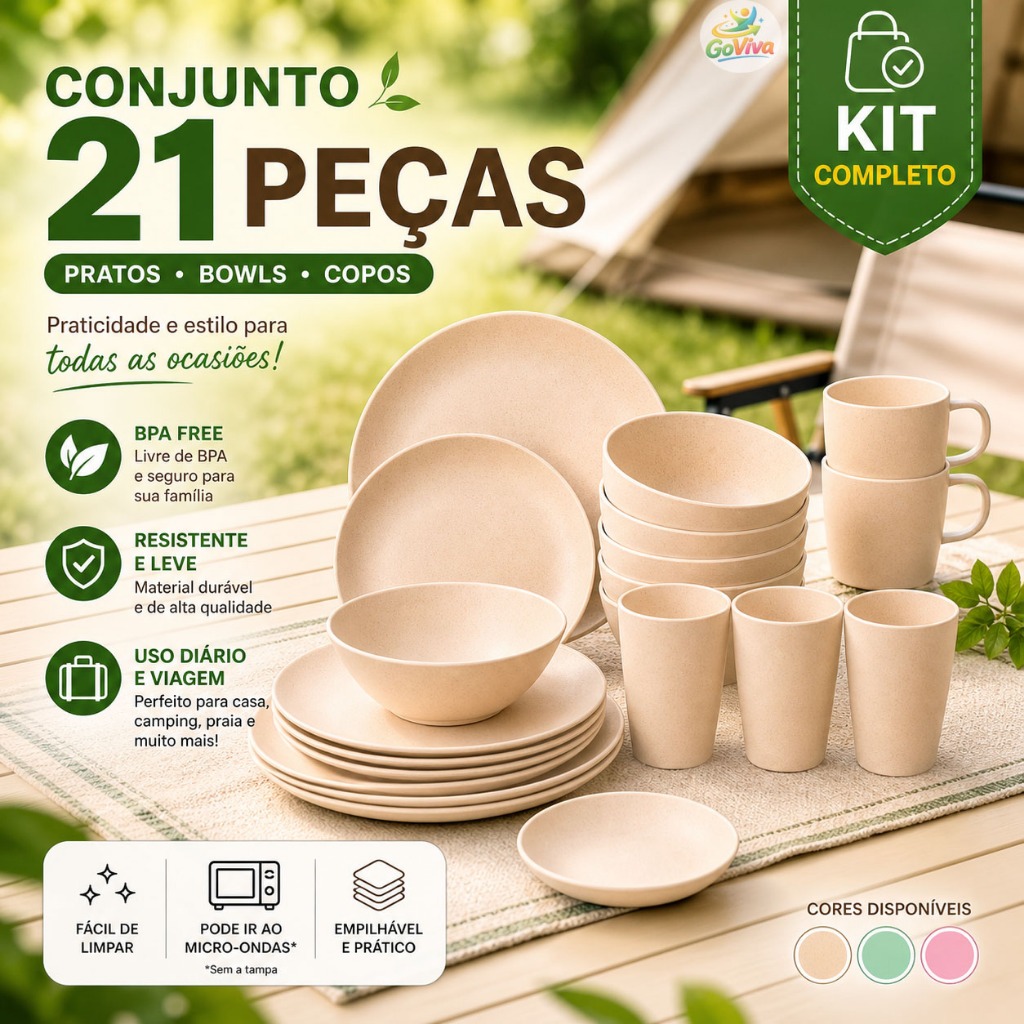 Kit Jogo de Pratos 21 Peças Colorido Pratos Fundos Rasos Bowls BPA Free Resistente