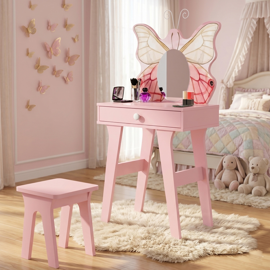 Penteadeira Infantil Rosa Borboleta Completa com Espelho Banquinho Gaveta Nichos MDF Mesa Maquiagem