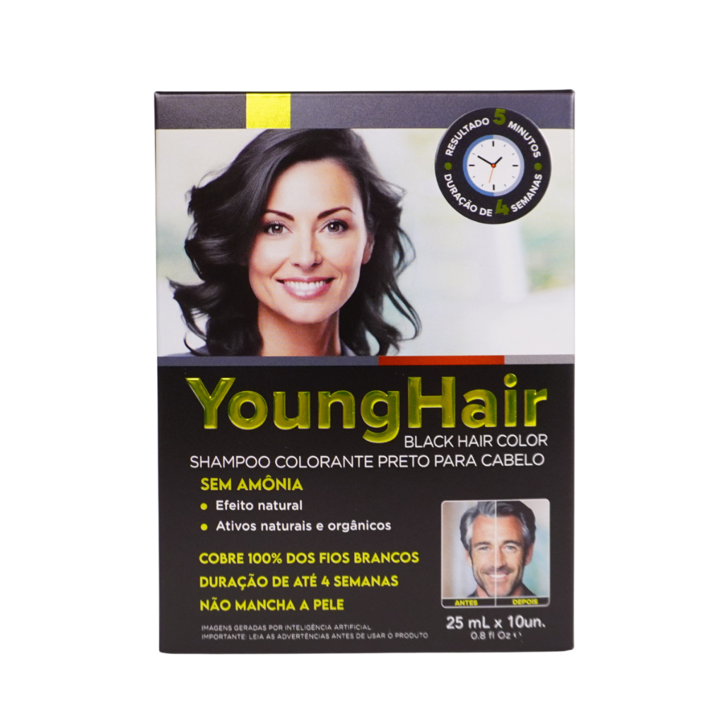 Shampoo Colorante Preto Young Hair Para Grisalhos 10 Sachês