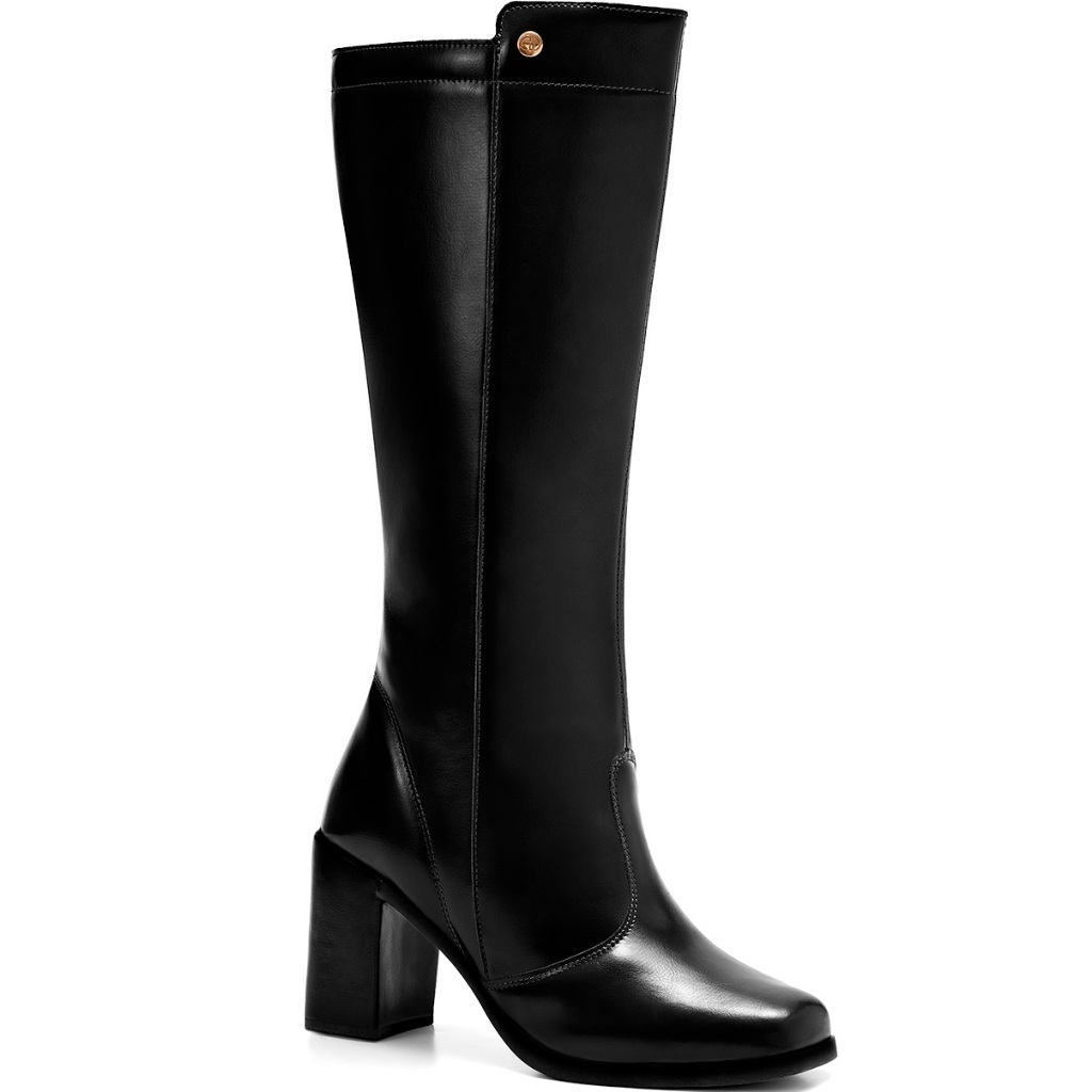 Bota Feminina Lumiss Cano Alto Salto Alto Bloco Confortável Bico Quadrado Preto