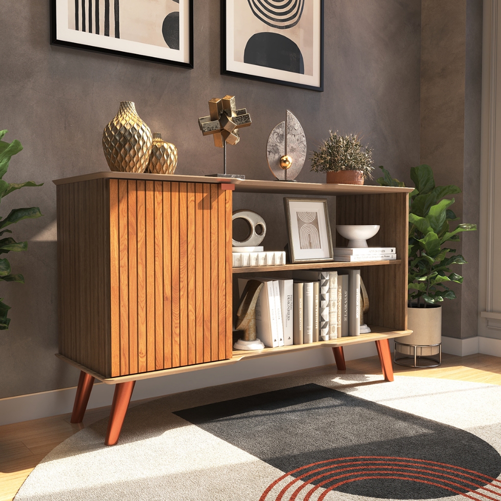 Rack Retrô Compacto Porta Ripada Nichos Decorativos Aparador Multiuso Sala Tv Organizador Moderno Móvel Pequeno