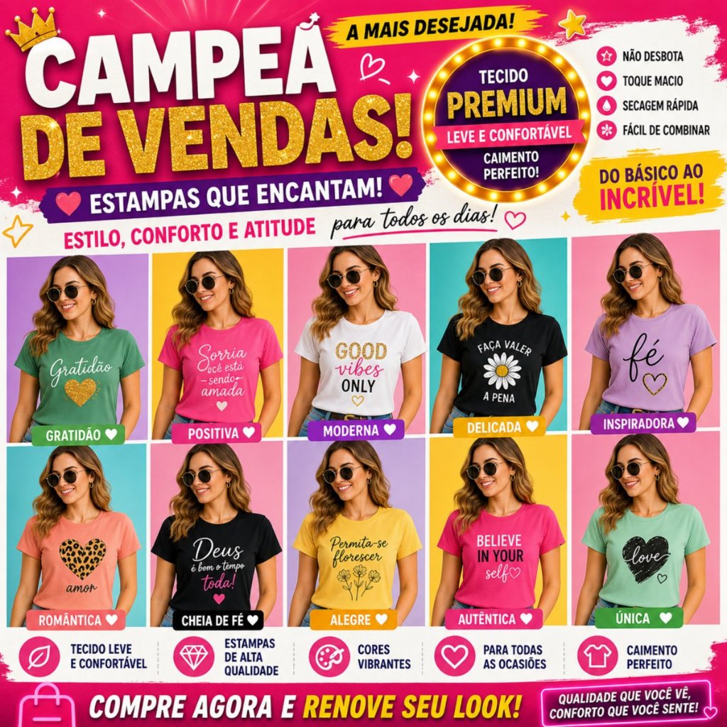 Kit Sortido 1 ou 5 Camiseta Feminina Moda Casual Algodão Confortável Blusa Básica Feminina Dia a Dia Promoção