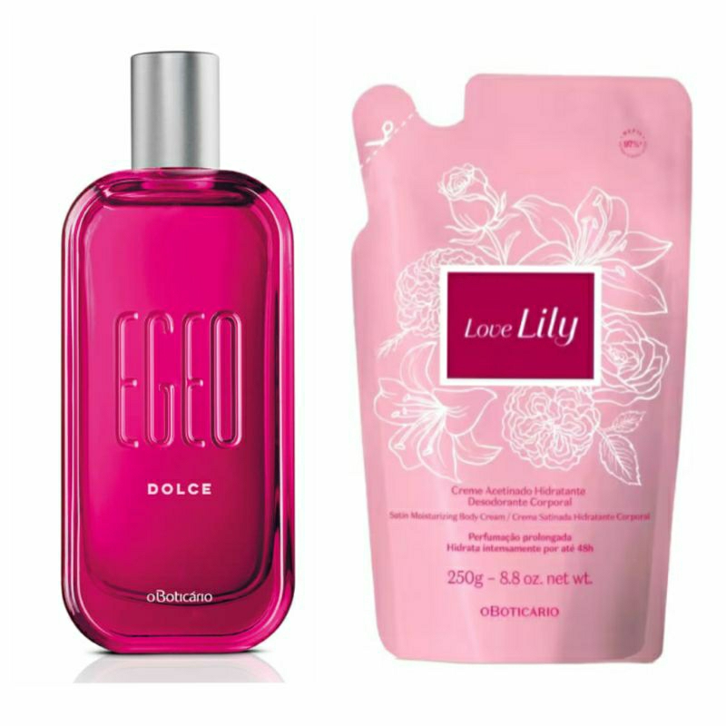Combo Colônia Egeo Dolce 90ml + Refil Creme Hidratante Acetinado Love Lily 250g OBoticário