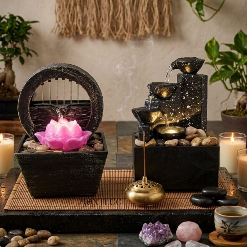 Imagem Fonte de Agua Cascata Zen Decorativa Bivolt Jardim Feng Shui Enfeite Fonte De Mesa Agua Cascata