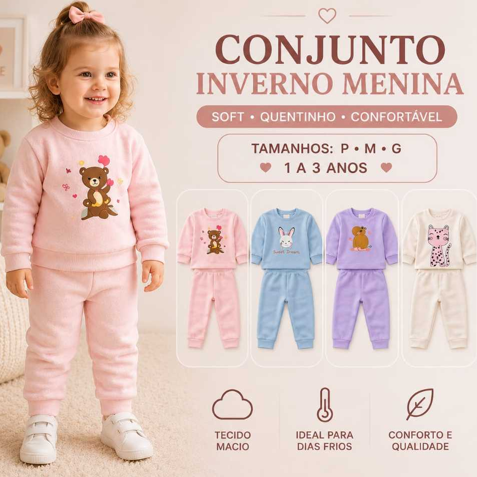 Conjunto Infantil Inverno Menina – Soft Quentinho - 2 Conjuntos - Tamanhos P/M/G Bebê e  1 ao 3 anos