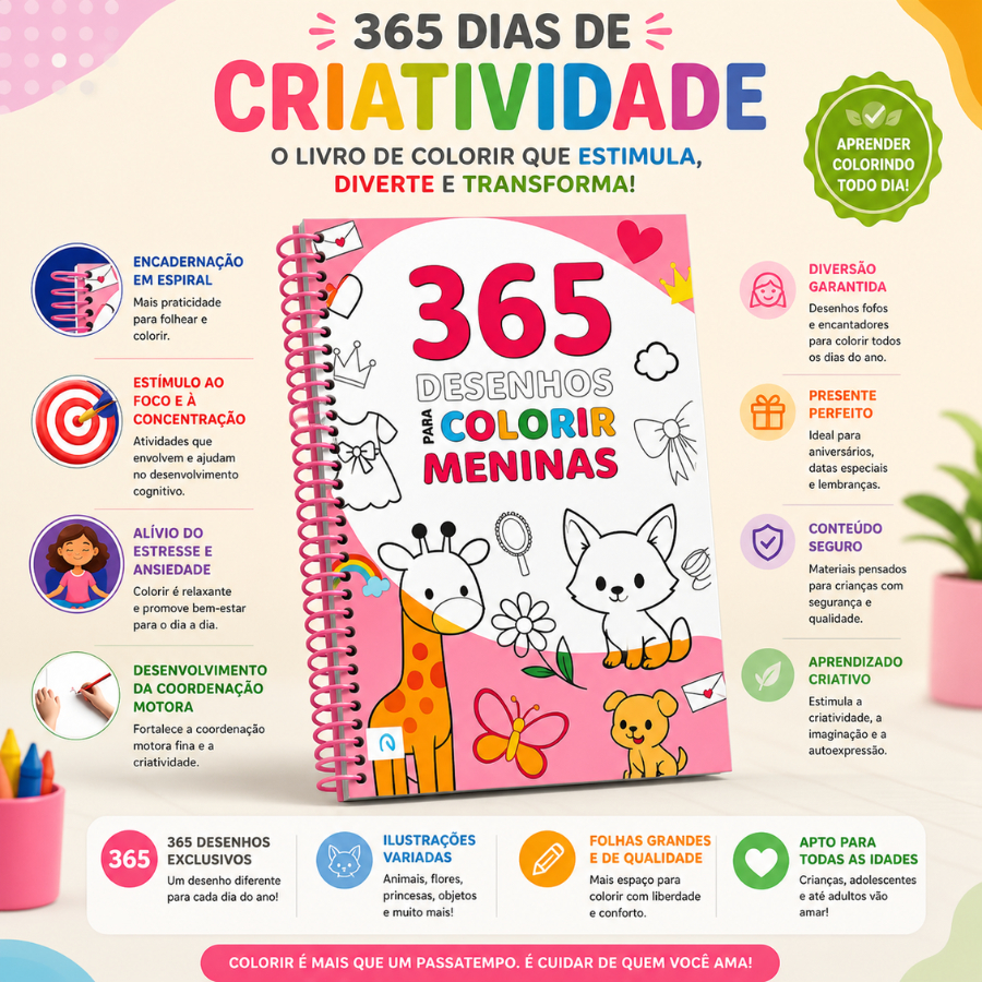 365 Desenhos para Meninas Espiral Livro de Pintura Infantil Educativo
